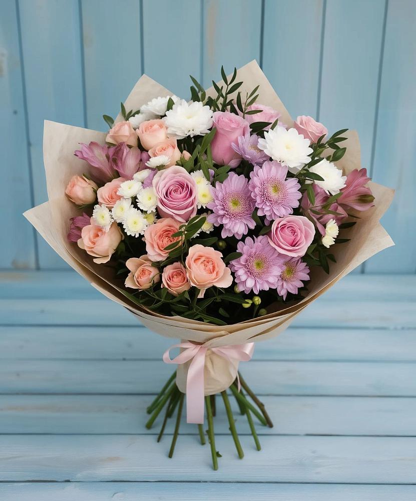 Букет цветов из: Хризантемы, Розы и Альстромерии в Новоаннинске