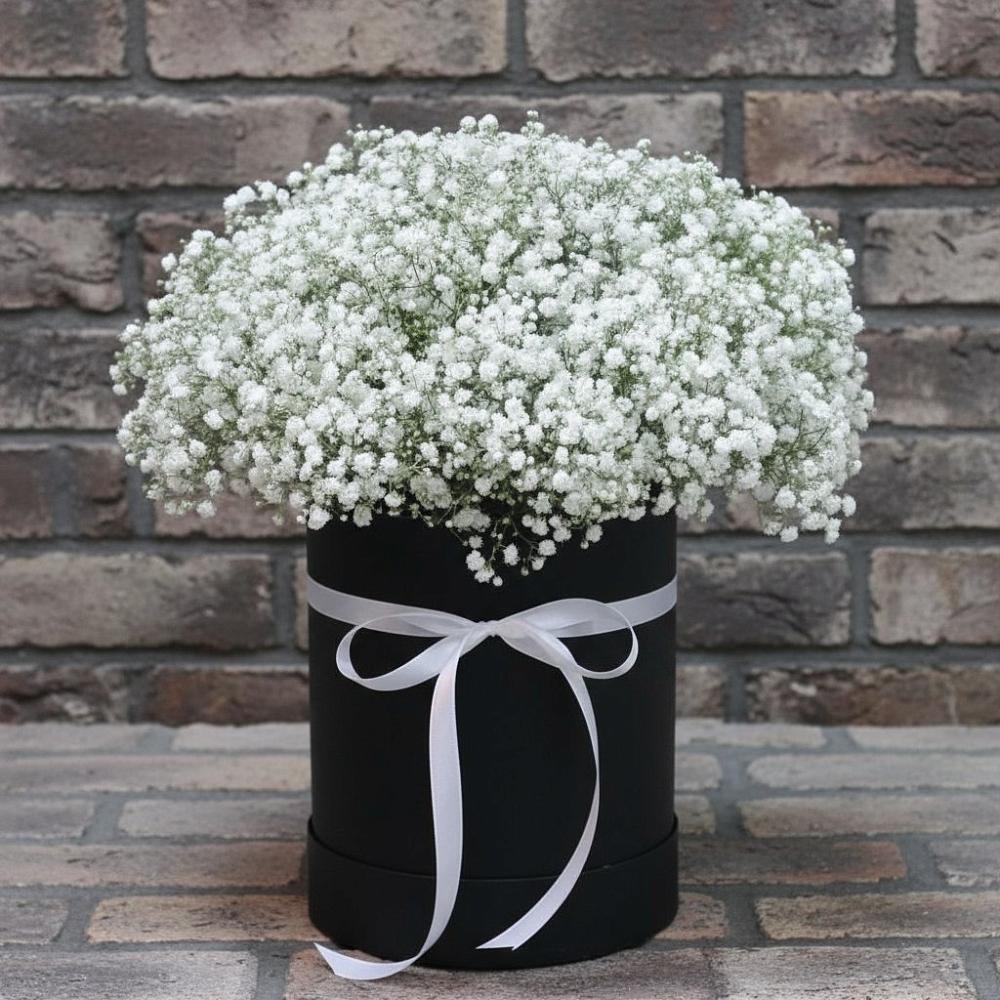 Цветочная композиция из Гипсофила в шляпной коробке в Новоаннинске