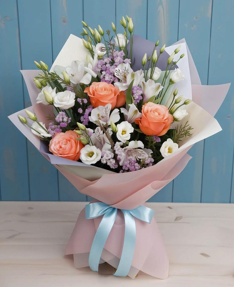 Букет цветов из: Лизиантусы, Розы, Альстромерии и Гипсофила в Новоаннинске