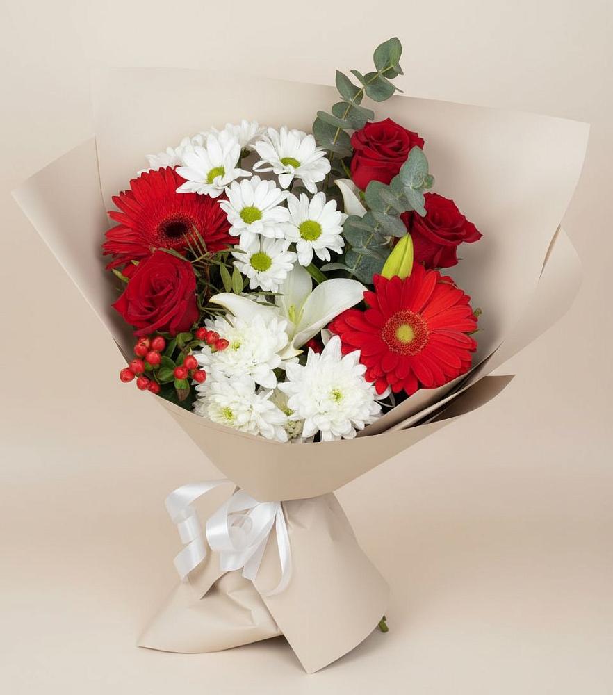Букет цветов из: Розы, Хризантемы, Герберы и Лилии в Новоаннинске
