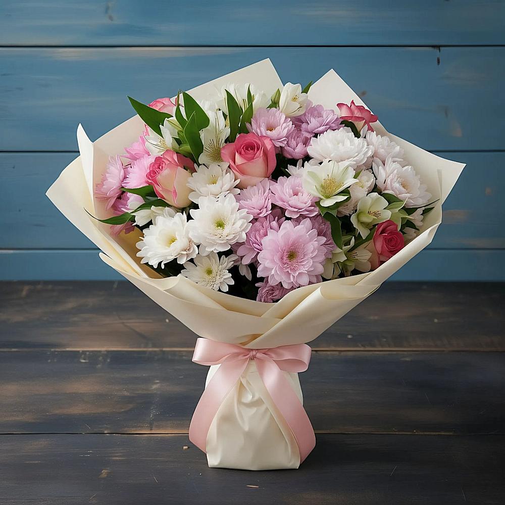 Букет цветов из: Хризантемы, Альстромерии и Розы в Новоаннинске